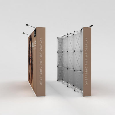 Freestanding fabric pop-up display with graphic panel and lighting for trade shows and exhibitions