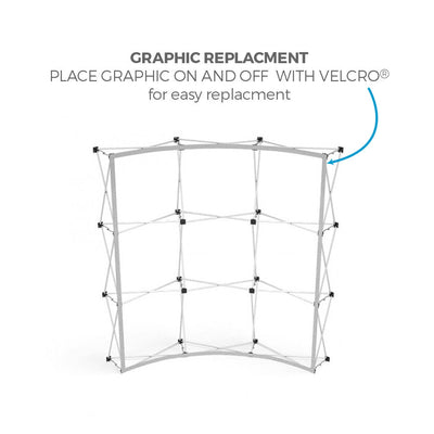Trade show pop-up display frame with Velcro graphic replacement system for exhibitions and events