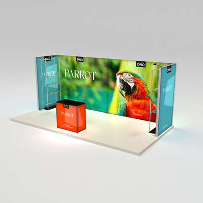 Trade show display system with large parrot graphic, lightbox counters, and shelving for exhibitions