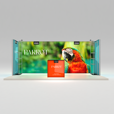 Trade show exhibit with large parrot graphic backdrop and illuminated display counter for exhibitions