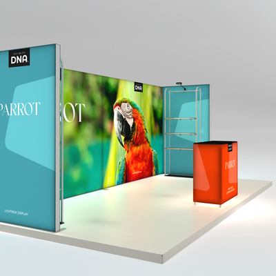 Modular lightbox display system with graphic panels and shelving for trade shows and exhibitions