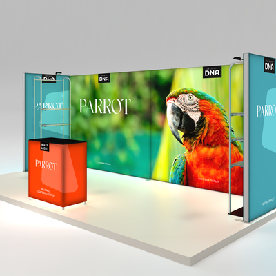 Trade show exhibit with large parrot graphic, lightbox display, and inflatable counter for exhibitions