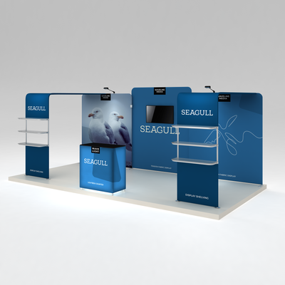 Trade show exhibit display system with shelving, lightbox counter, media screen, and fabric backdrops