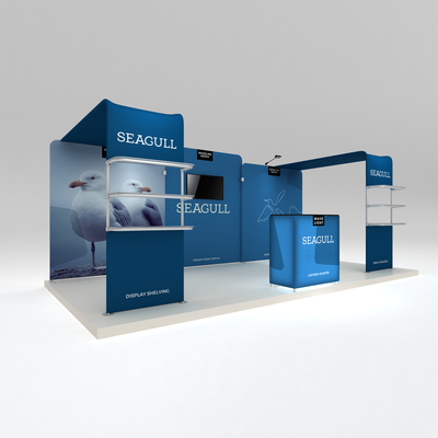 Trade show exhibit display system with branded panels, display shelving, LED lightbox counter, and monitor for exhibitions