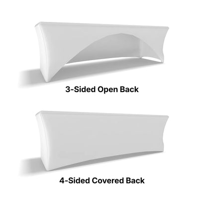 Stretch table covers with 3-sided open back and 4-sided covered back for trade shows and exhibitions