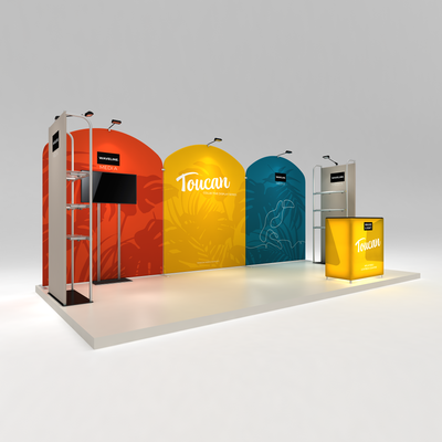 Trade show exhibit display system with tension fabric backdrops and illuminated counter for events