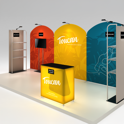 Trade show exhibit display system with inflatable lightbox counter, shelving units, and media screens