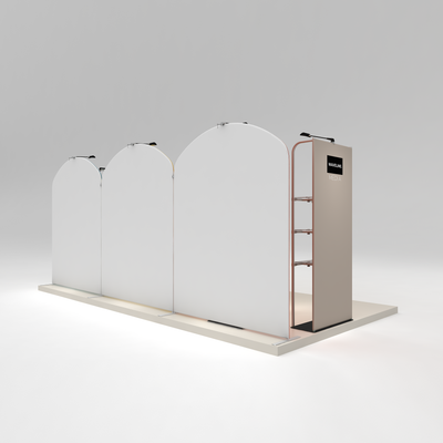 Modular trade show display system with arched panels and shelves for exhibitions and events