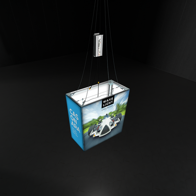 Suspended illuminated light box with racing car graphic for trade show and event branding