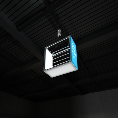 Suspended illuminated trade show hanging light box with metal frame and graphics in exhibition hall ceiling