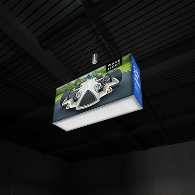 Hanging light box featuring race car graphics, ideal for trade shows and exhibitions