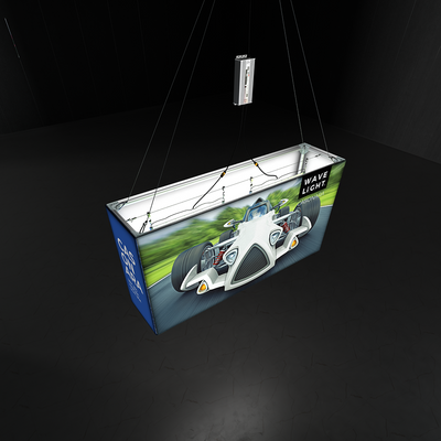 Hanging light box with race car graphic for trade shows, exhibitions, and events