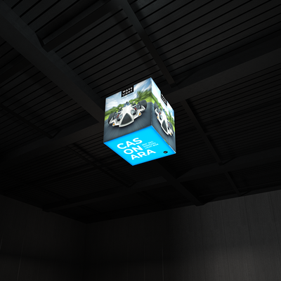 Illuminated hanging LED light box with racing car graphics for trade shows and exhibitions