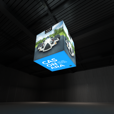 Suspended 360-degree hanging LED light box displaying racing car graphics for trade shows and exhibitions