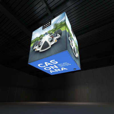 360-degree hanging light box display featuring racing car graphic for trade shows and exhibitions