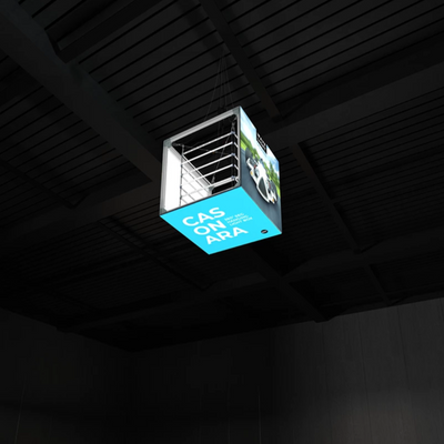 Hanging LED light box display suspended from ceiling for trade shows and exhibitions