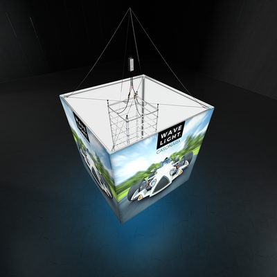 Suspended LED hanging lightbox with race car graphics, ideal for trade shows and exhibitions