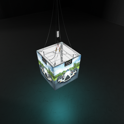 Suspended illuminated LED hanging cube with race car graphics for trade shows and exhibitions