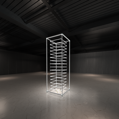 Illuminated tower light box structure in a spacious exhibition hall for trade shows and events