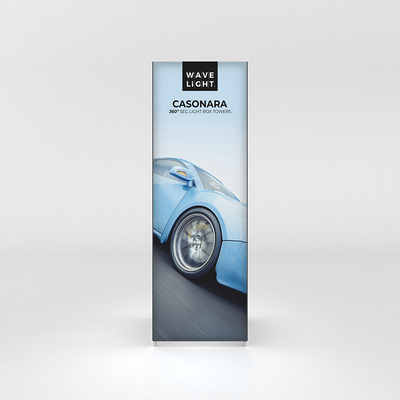 Tall light box tower display featuring a dynamic car image for trade shows and exhibitions