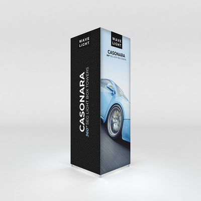 Casonara 360 deg light box tower for trade shows and exhibitions with car image and branding