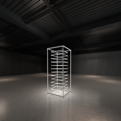 Illuminated modular light box tower display in empty exhibition space for trade shows and events