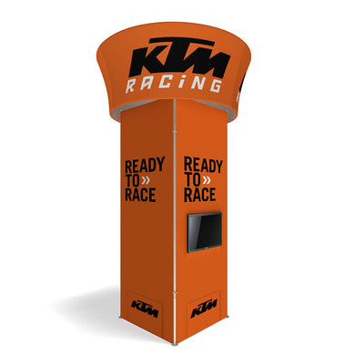 Tall trade show tower display with KTM Racing branding and mounted monitor for exhibitions and events