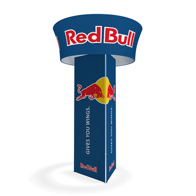 Tall triangular trade show tower display with Red Bull branding for exhibitions and special events