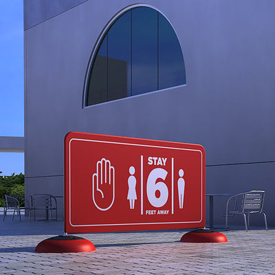 Outdoor barrier partition with social distancing sign ideal for trade shows and exhibitions