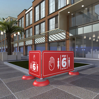 Outdoor comfort barrier partition with social distancing signage for trade shows and events