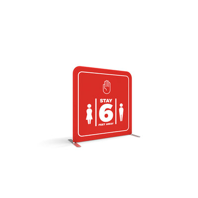 Trade show barrier partition with social distancing sign for exhibitions and special events