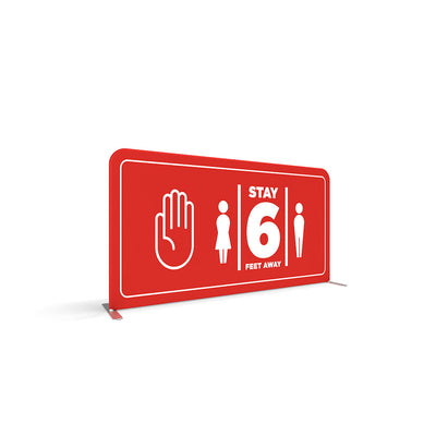 Trade show barrier partition sign displaying social distancing message to stay 6 feet apart