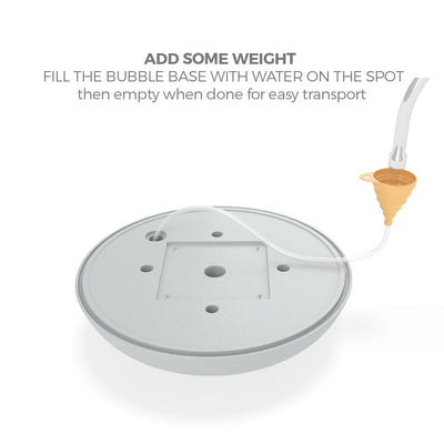 Water-fillable bubble base for trade show displays with easy fill and empty funnel system