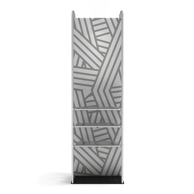 Tall portable merchandiser display stand with three shelves and geometric patterned back panel for trade shows