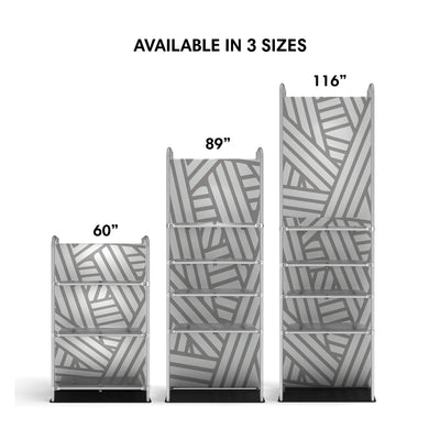 Three sizes of trade show display merchandisers with multiple shelves for exhibitions and special events