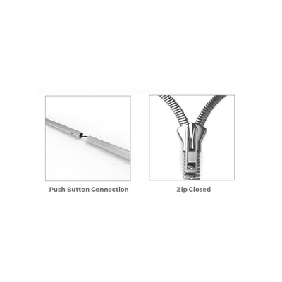 Push button connection and zip closure details for outdoor trade show and exhibition display frames