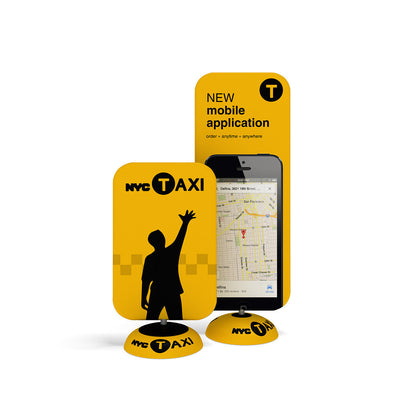 Freestanding tabletop signage stands showcasing NYC taxi app for trade shows and special events