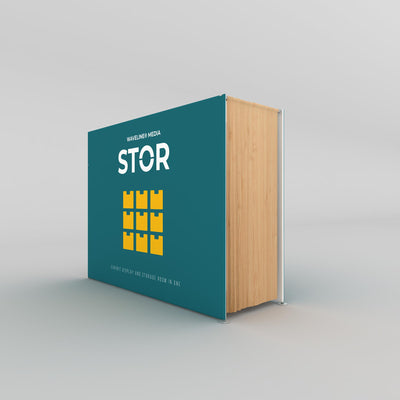 Compact exhibit display and storage unit with fabric curtains for trade shows and exhibitions