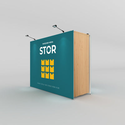 Compact exhibit display and storage solution for trade shows and exhibitions with overhead lights