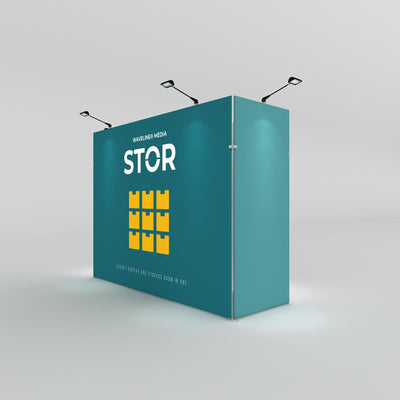 Trade show exhibit display with integrated storage room and overhead lighting for events