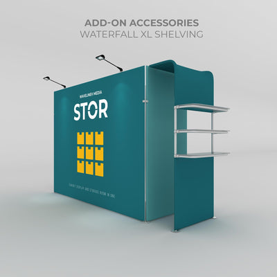 Trade show exhibit display with built-in storage and three add-on shelves for product presentation