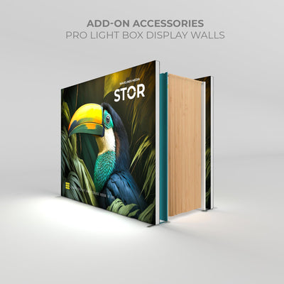 Pro light box display wall with toucan graphic and built-in storage for trade shows and exhibitions