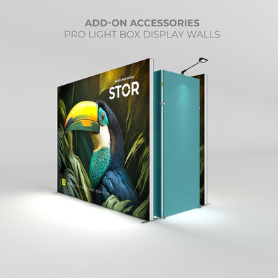 Trade show light box display walls with add-on accessories showcasing exhibit storage solutions
