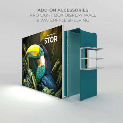 Trade show display wall with pro light box and waterfall shelving add-on accessories for exhibitions