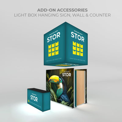 Trade show exhibit display with light box hanging sign, wall graphic featuring toucan, and branded counter for exhibitions