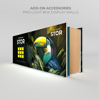 Trade show light box display walls with tropical bird graphic and built-in exhibit storage