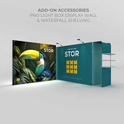 Exhibition display setup with pro light box and waterfall shelving for trade shows and events