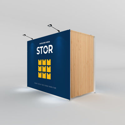 Compact exhibit display with storage room and spotlight lighting for trade shows and special events