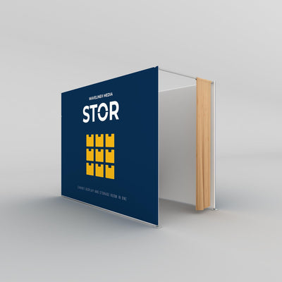 Compact exhibit display with integrated storage room and curtain for trade shows and events