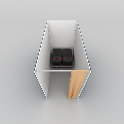 Trade show storage booth with enclosed display storage containers and curtain for exhibitions